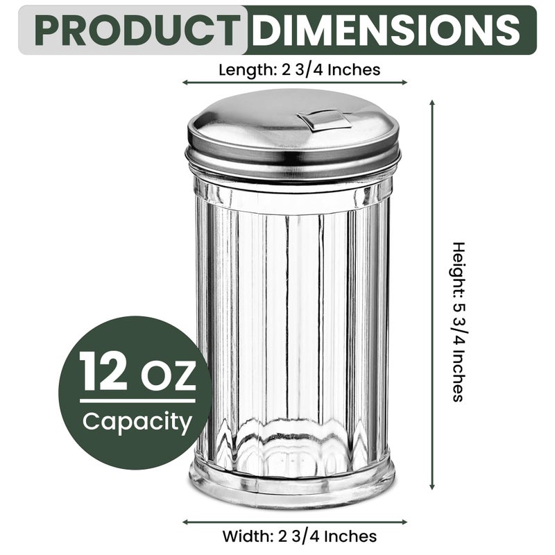 Great Credentials Retro Style Sugar Dispenser Pourer Shaker, Glass Jar with Stainless Steel Pour-Flap Lid, 12 oz, Set of 2 - Image 3